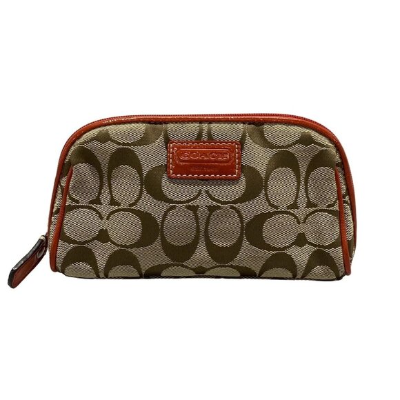 Auth COACH Signature - Red Beige Brown Jacquard Leather Pouch - Picture 1 of 7